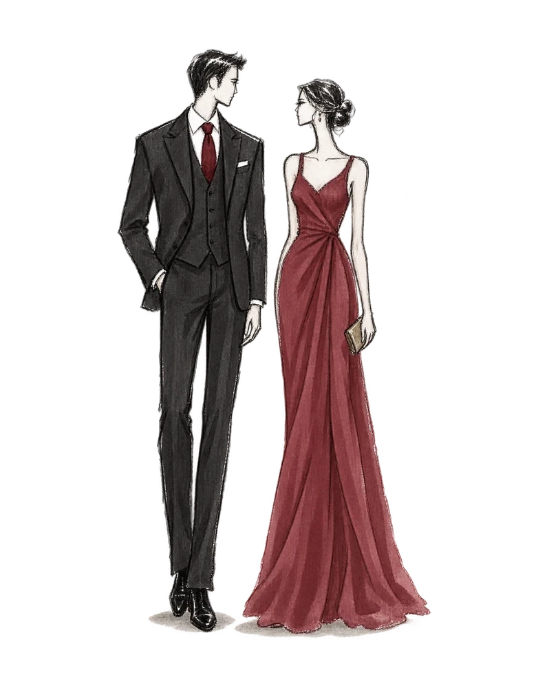 Ilustração de moda de um casal: ele de terno completo escuro, ela de vestido longo rosé